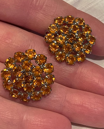 - Vintage C1950s amber glass crystal silver groovy clip on earrings
