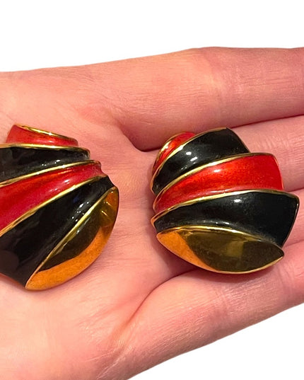 Vintage 1980s gold Finish metal clip on fancy enameled chunky earrings enamel