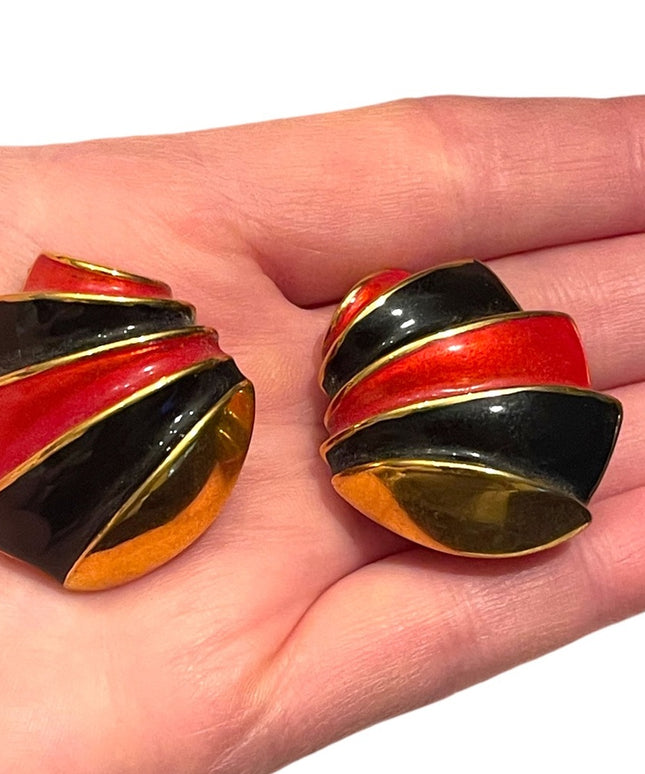 Vintage 1980s gold Finish metal clip on fancy enameled chunky earrings enamel