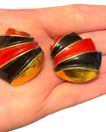 Vintage 1980s gold Finish metal clip on fancy enameled chunky earrings enamel