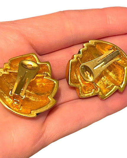 Vintage 1980s gold Finish metal clip on fancy enameled chunky earrings enamel