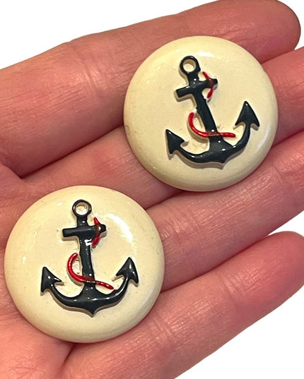 Vintage 1970s Ships anchor Nautical plastic round earrings