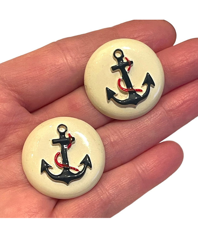 Vintage 1970s Ships anchor Nautical plastic round earrings