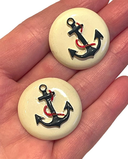 Vintage 1970s Ships anchor Nautical plastic round earrings