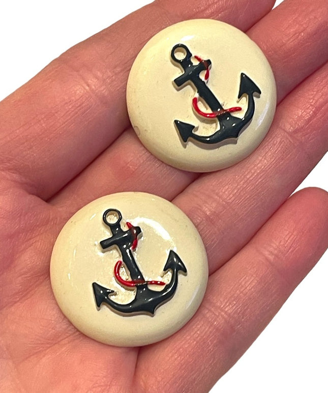 Vintage 1970s Ships anchor Nautical plastic round earrings