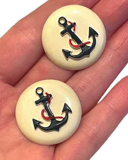 Vintage 1970s Ships anchor Nautical plastic round earrings