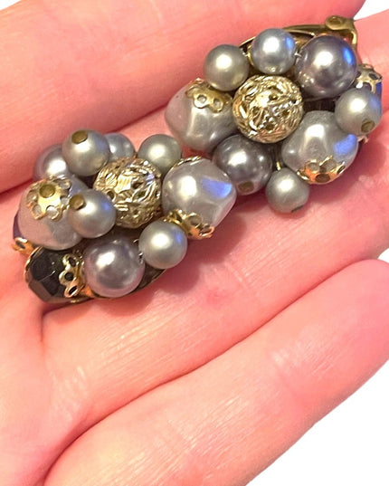 Vintage 1960s chunky resin plastic silver blue cryatal groovy clip on ea…