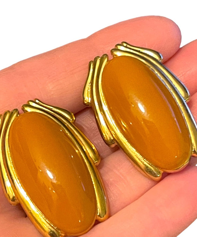Vintage 1980s gold Finish yellow enameled  clip on chunky earrings