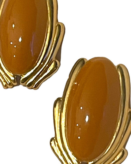 Vintage 1980s gold Finish yellow enameled  clip on chunky earrings