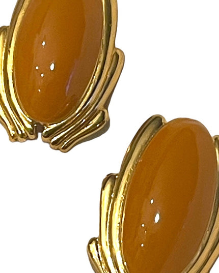Vintage 1980s gold Finish yellow enameled  clip on chunky earrings