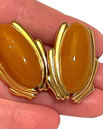 Vintage 1980s gold Finish yellow enameled  clip on chunky earrings