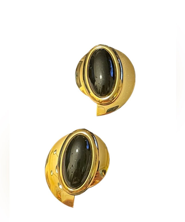 Vintwge large chunky gold Finish black resin metal clip on earrings