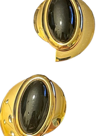 Vintwge large chunky gold Finish black resin metal clip on earrings