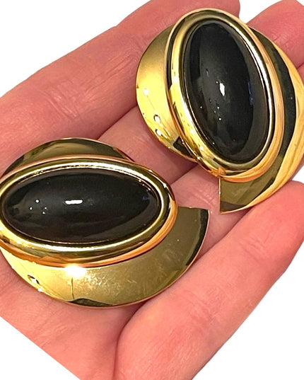 Vintwge large chunky gold Finish black resin metal clip on earrings
