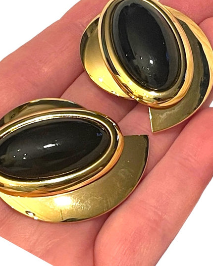 Vintwge large chunky gold Finish black resin metal clip on earrings