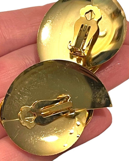 Vintwge large chunky gold Finish black resin metal clip on earrings