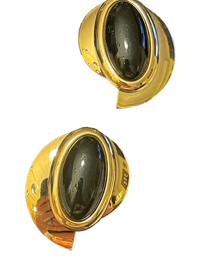 Vintwge large chunky gold Finish black resin metal clip on earrings