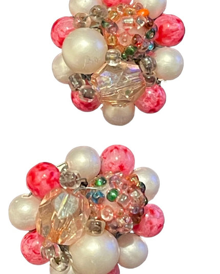 Vintage pink chunky resin plastic groovy clip on earrings 1960s
