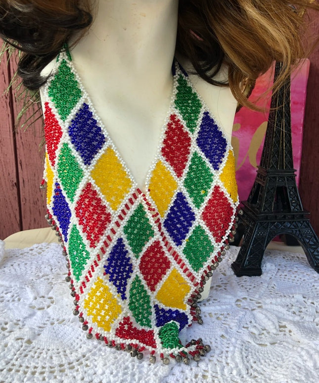 Vintage southwestern handmade colorful  Seed bead Bib cleopatra necklace