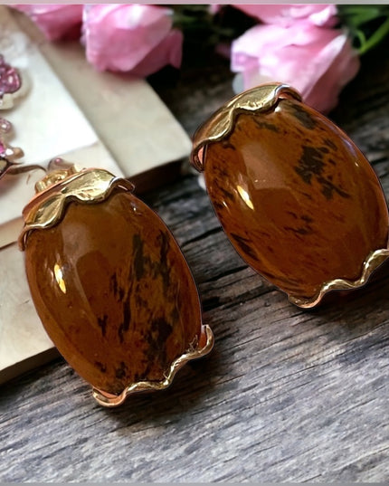 Vintage Mexico  Mahogany Obsidian Chunky sterling silver 925 clip on earrings