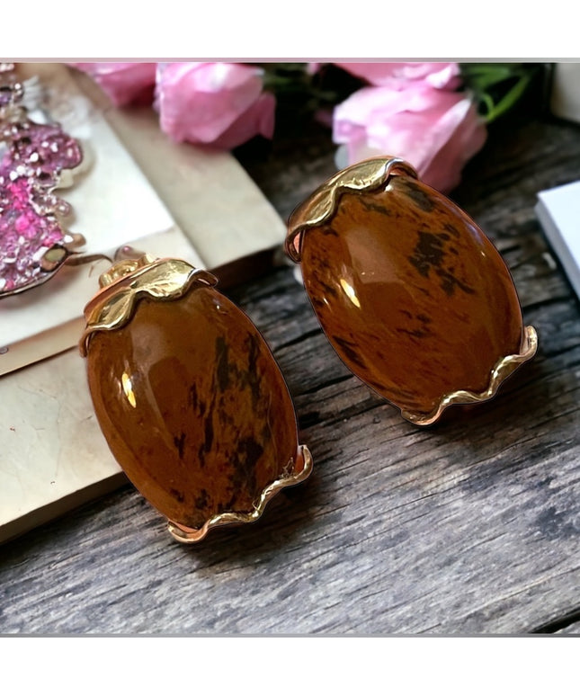 Vintage Mexico  Mahogany Obsidian Chunky sterling silver 925 clip on earrings