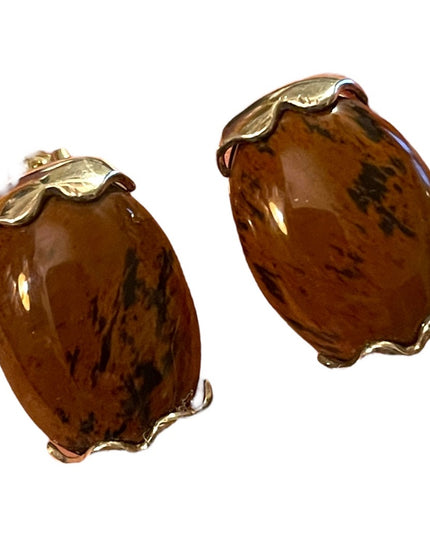 Vintage Mexico  Mahogany Obsidian Chunky sterling silver 925 clip on earrings