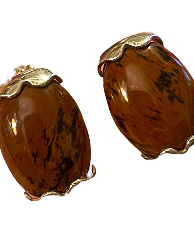 Vintage Mexico  Mahogany Obsidian Chunky sterling silver 925 clip on earrings