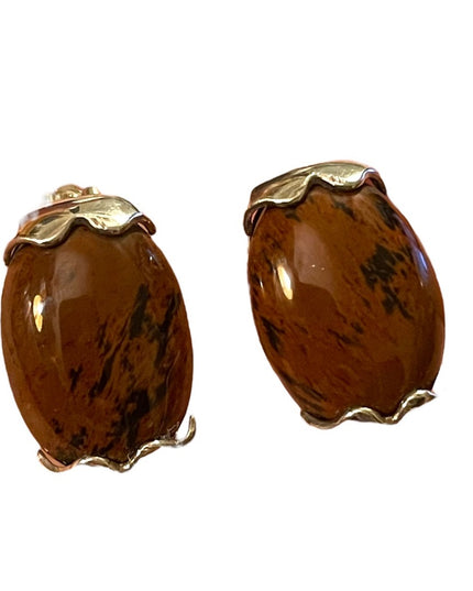 Vintage Mexico  Mahogany Obsidian Chunky sterling silver 925 clip on earrings