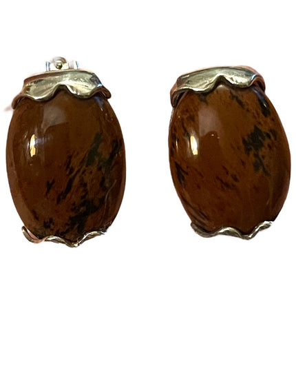 Vintage Mexico  Mahogany Obsidian Chunky sterling silver 925 clip on earrings