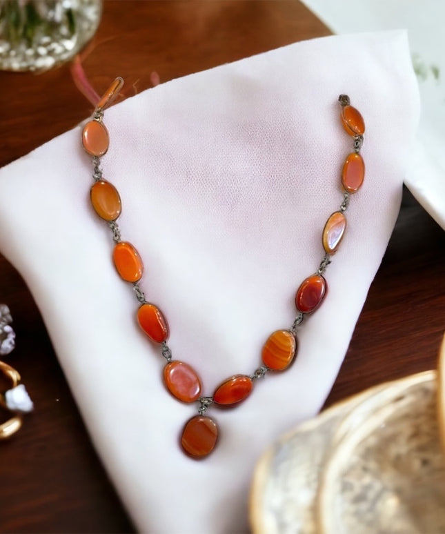 - Antique Handmade German silver cabochon agate stone necklace