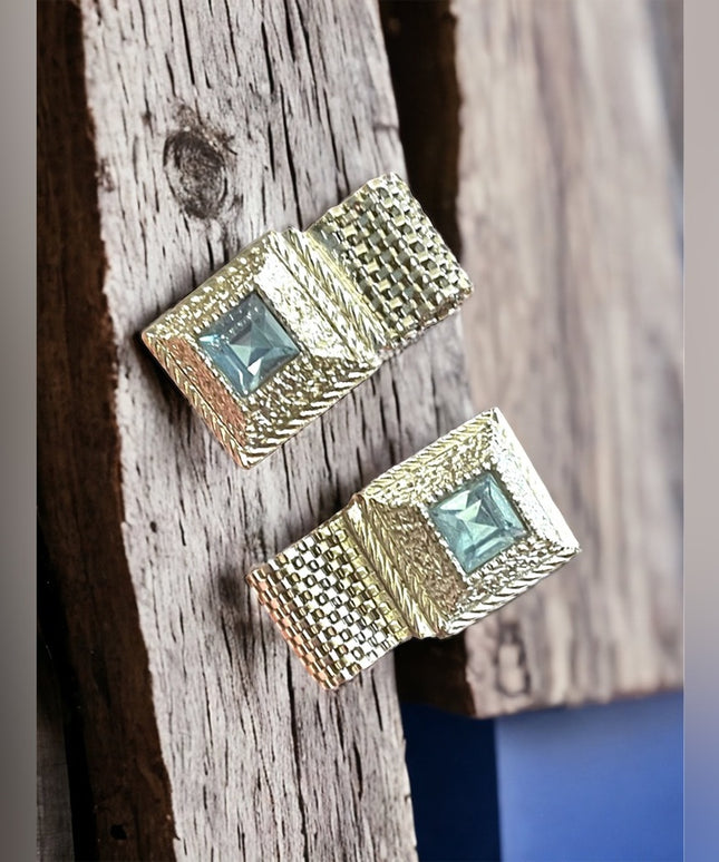 Vintage 1960s London blue topaz crystal cufflinks silver hammered finish…