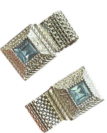 Vintage 1960s London blue topaz crystal cufflinks silver hammered finish…