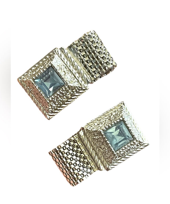 Vintage 1960s London blue topaz crystal cufflinks silver hammered finish…