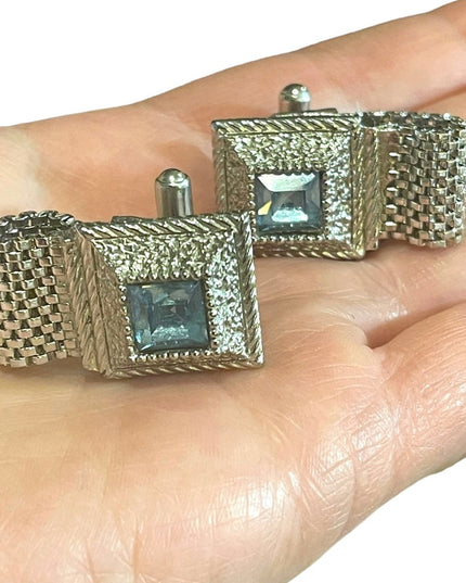 Vintage 1960s London blue topaz crystal cufflinks silver hammered finish…