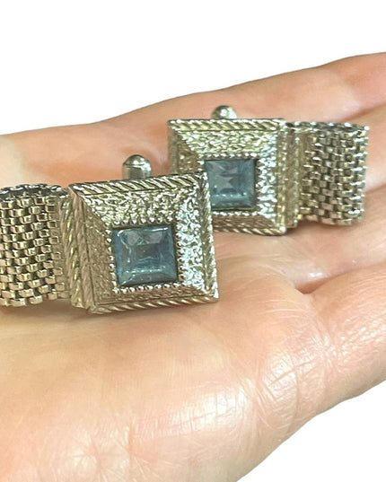 Vintage 1960s London blue topaz crystal cufflinks silver hammered finish…