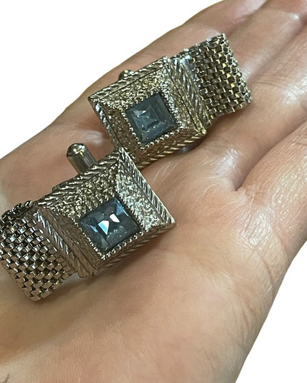 Vintage 1960s London blue topaz crystal cufflinks silver hammered finish…