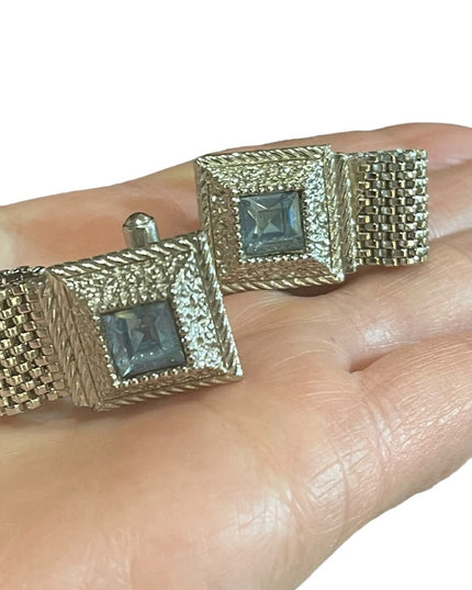 Vintage 1960s London blue topaz crystal cufflinks silver hammered finish…