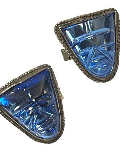 Vintage Mexico 1950s Blue Paste Glass Carved Aztec RARE 925 Sterling cufflinks