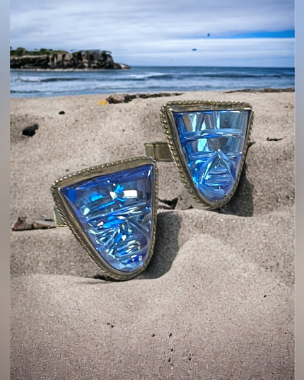 Vintage Mexico 1950s Blue Paste Glass Carved Aztec RARE 925 Sterling cufflinks