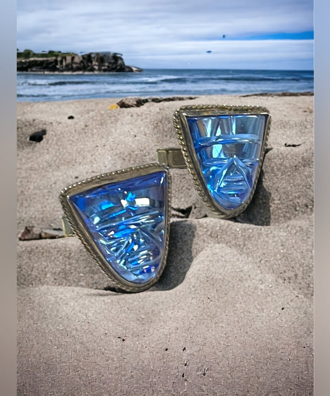 Vintage Mexico 1950s Blue Paste Glass Carved Aztec RARE 925 Sterling cufflinks
