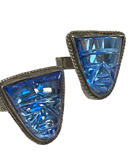 Vintage Mexico 1950s Blue Paste Glass Carved Aztec RARE 925 Sterling cufflinks