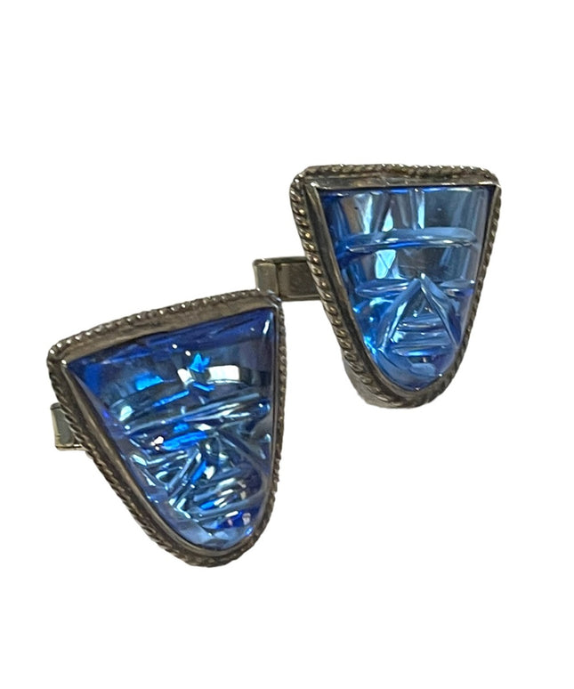 Vintage Mexico 1950s Blue Paste Glass Carved Aztec RARE 925 Sterling cufflinks