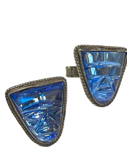 Vintage Mexico 1950s Blue Paste Glass Carved Aztec RARE 925 Sterling cufflinks
