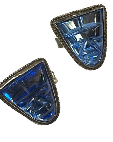 Vintage Mexico 1950s Blue Paste Glass Carved Aztec RARE 925 Sterling cufflinks