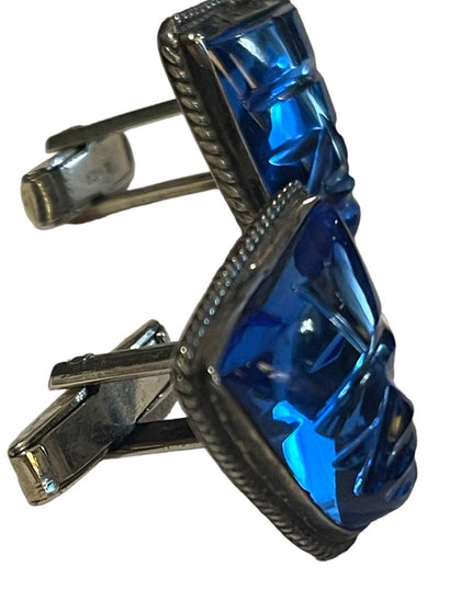 Vintage Mexico 1950s Blue Paste Glass Carved Aztec RARE 925 Sterling cufflinks