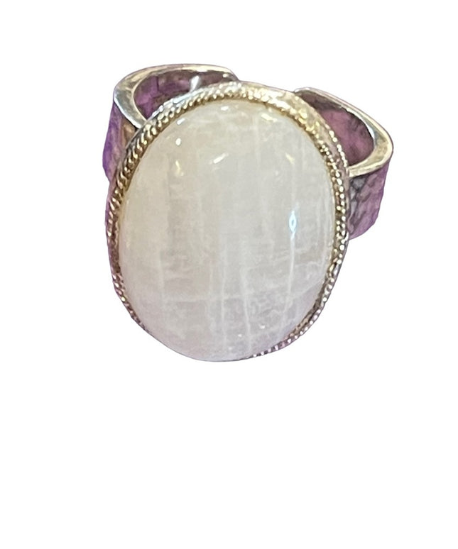 Baroni Signed Sterling silver 925 Handmade hammered open band Moonstone ring