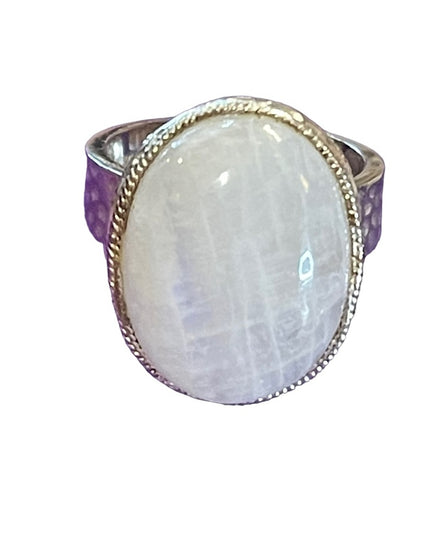 Baroni Signed Sterling silver 925 Handmade hammered open band Moonstone ring