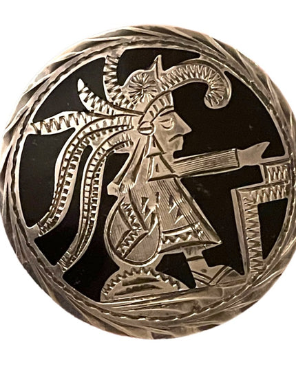 Vintage Mexico Sterling silver Aztec Mayan black onyx inlay H. Sanchez brooch