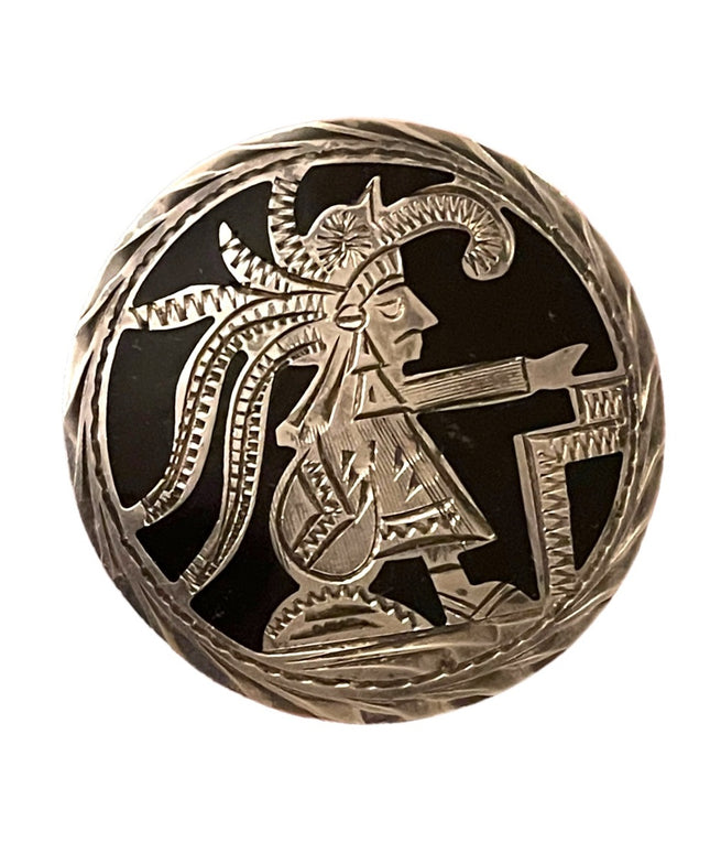 Vintage Mexico Sterling silver Aztec Mayan black onyx inlay H. Sanchez brooch