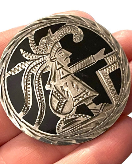 Vintage Mexico Sterling silver Aztec Mayan black onyx inlay H. Sanchez brooch